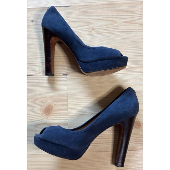 Coach Breana Platform Heels Pumps Shoes Size 8.5 B Blue Suede Peep Toe Heel 5” - Picture 2 of 9